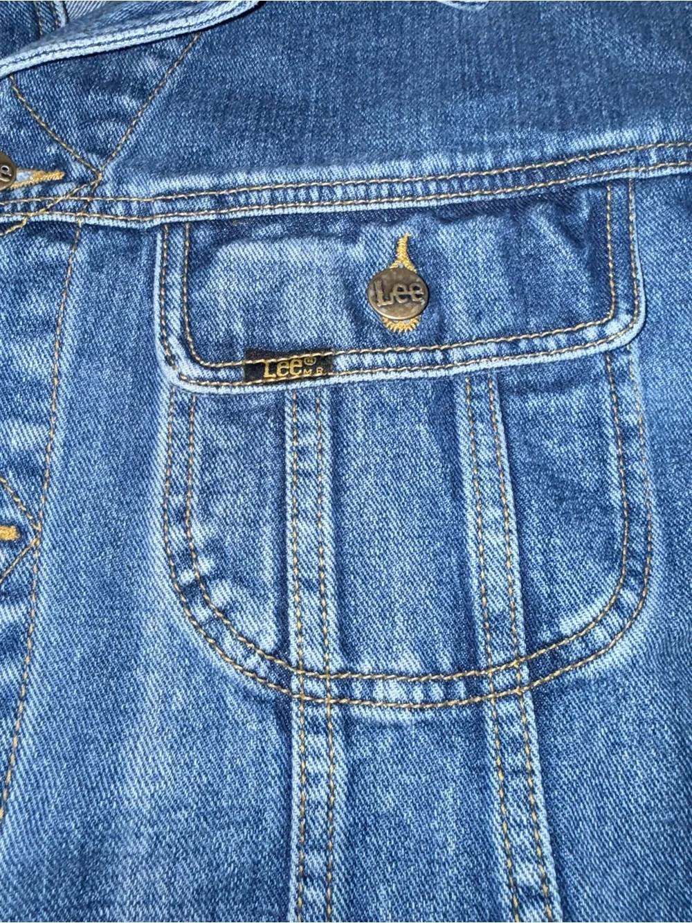 Vintage Lee Denim Jacket Leather Patch Blue Trucker USA Medium Fits Large 90s